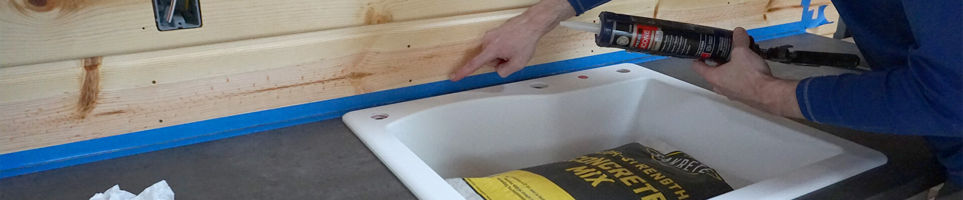 A close-up view of the kitchenette being built in the Mini Dome.